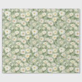 Papier Cadeau Marguerites blanches sur Sage Green (Plat)