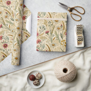 Papier Cadeau Marguerites de Prairie Rustique avec Blé et Fleurs
