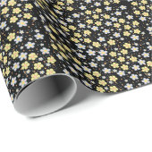 Papier Cadeau Marguerites en fleurs. Fond noir jaune et rose (Coin rond)