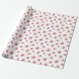 Papier Cadeau Marguerites roses et points sur fond blanc