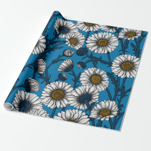 Papier Cadeau Marguerites sur bleu