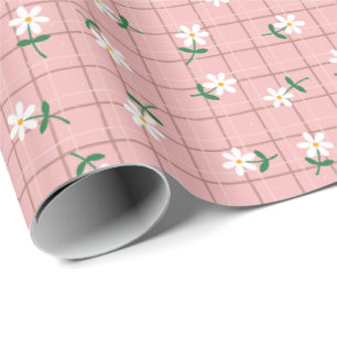 Papier Cadeau Marguerites sur Carreaux Roses (grande échelle)