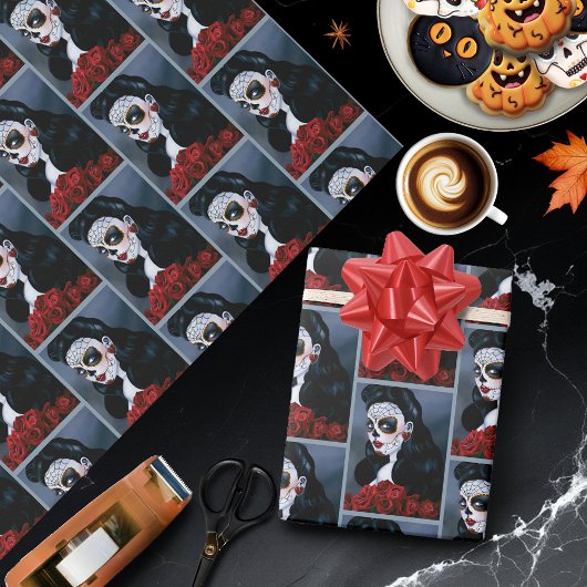 Papier Cadeau Maria Crâne sucre Roses rouges