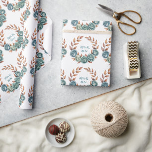 Papier Cadeau Mariage aux Roses Sarcelles et Feuilles de Cuivre