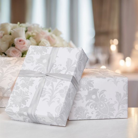 Papier Cadeau Mariage Blanc Damask Simple Elegance Floral