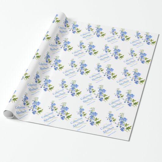 Papier Cadeau Mariage bleu delphinium art enveloppement personna (Déroulé)