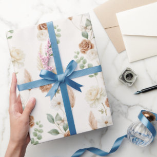 Papier Cadeau Mariage Bohème Fleurs Crème Marron