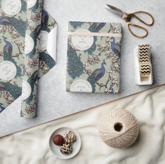 Papier Cadeau Mariage Botanique Peacock & Fleurs (Artisanat)