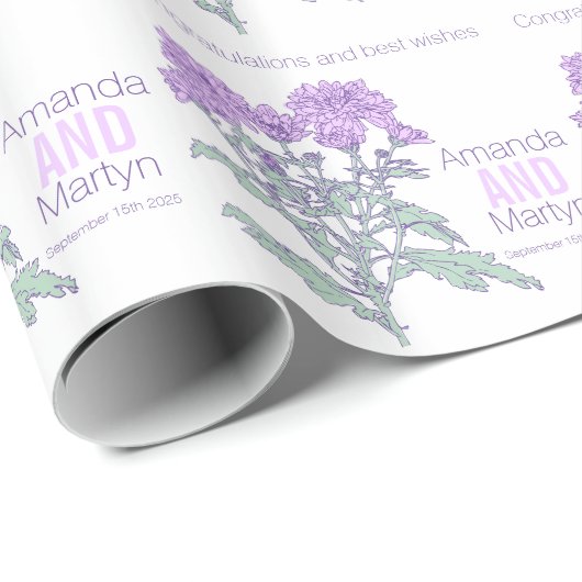 Papier Cadeau Mariage chrysanthemum pourpre nom date envelopper (Coin rond)