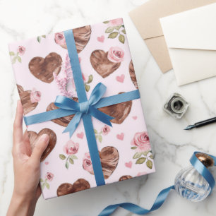Papier Cadeau Mariage Cœurs Floraux Roses Brun Rose