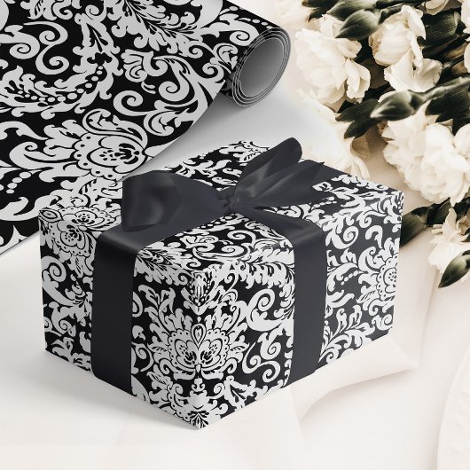 Papier Cadeau Mariage damassé florale moderne noir & blanc éléga