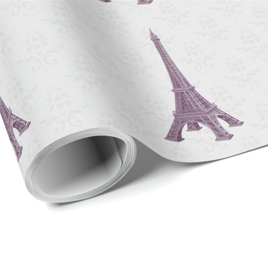 Papier cadeau mariage damassé tour Eiffel magenta (Coin rond)