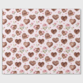 Papier Cadeau Mariage de cœurs floraux roses bruns (Plat)