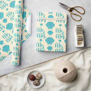 Papier Cadeau Mariage de plage estivale Coquilles bleues Jaune S
