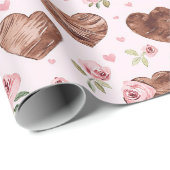 Papier Cadeau Mariage de Roses Brunes Fleurs de Cœurs (Coin rond)