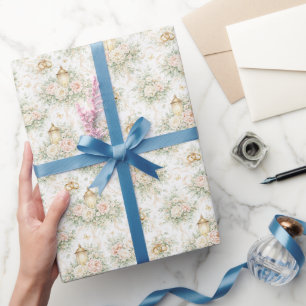 Papier Cadeau Mariage Élégant Aquarelle Florales Rose Lanternes