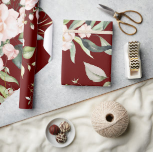 Papier Cadeau Mariage Élégant avec Eucalyptus Vert et Rouge