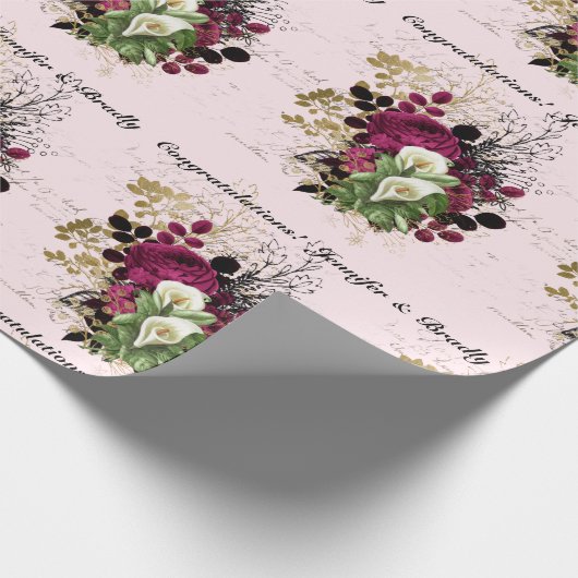 Papier Cadeau Mariage Félicitations Ajouter des noms Rose Epheme (Coin)