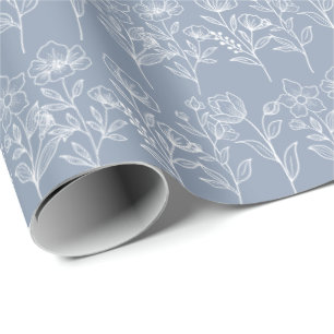 Papier Cadeau Mariage Fleuris Bleu Poussiéreux Vintage