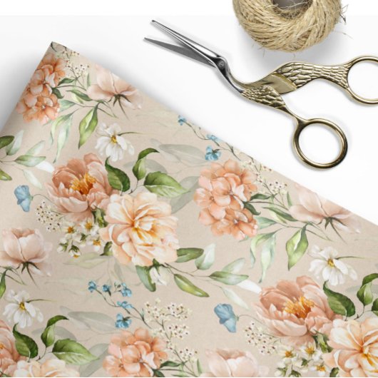 Papier Cadeau Mariage Fleurs à l'aquarelle rose et pêche