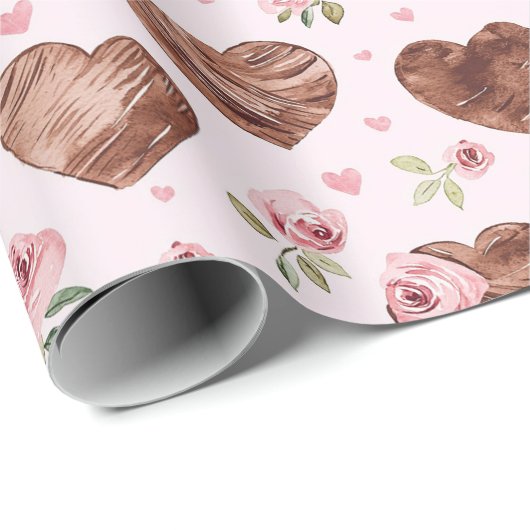 Papier Cadeau Mariage Fleurs Roses Marron Cœurs Floraux (Coin rond)