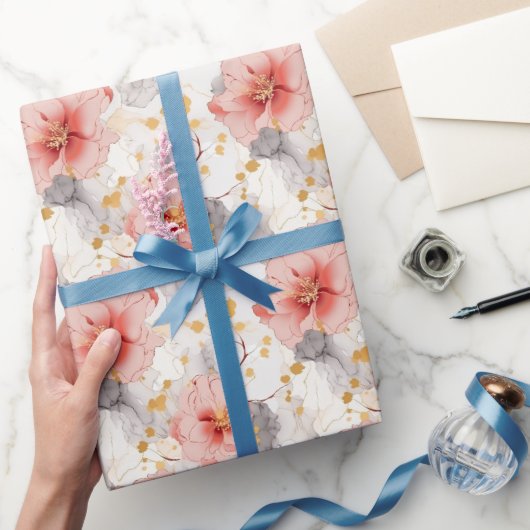 Papier Cadeau Mariage Floral Corail Rose Gris (Cadeaux)