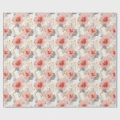 Papier Cadeau Mariage Floral Corail Rose Gris (Plat)