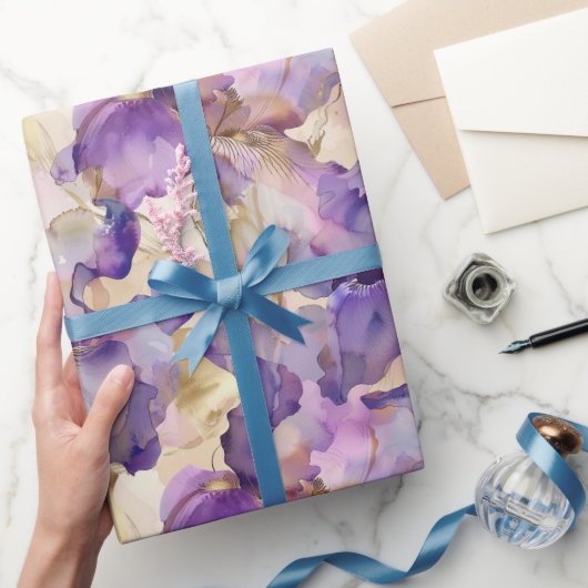 Papier Cadeau Mariage Floral Iris Violet Or Romantique (Cadeaux)