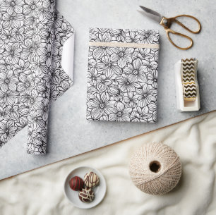 Papier Cadeau Mariage Floral Noir Blanc