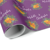 Papier Cadeau Mariage Floral Orange & Plum Violet Peony & Rose (Coin rond)