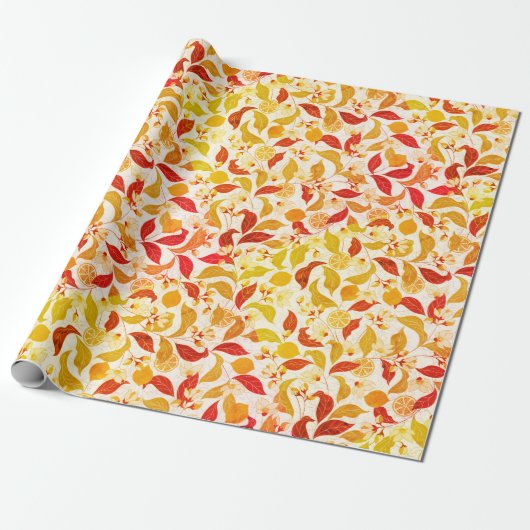 Papier Cadeau Mariage Frais Citronné Feuillage Citron (Déroulé)