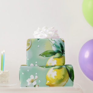 Papier Cadeau Mariage moderne bleu citron floral script