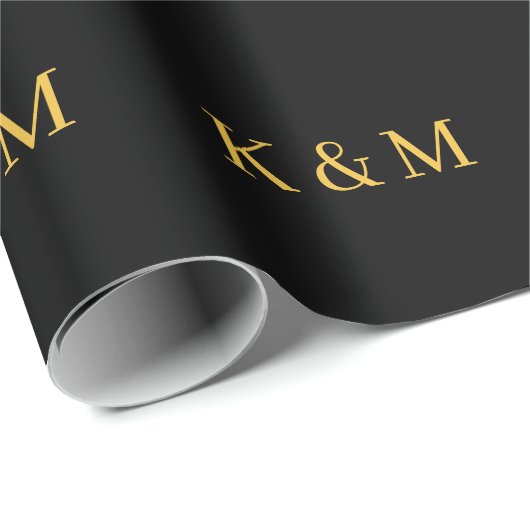 Papier Cadeau Mariage Monogramme Initiales Noir Or Marié Femme (Coin rond)
