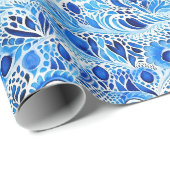 Papier Cadeau Mariage Paon Bleu Blanc Plumes Réception (Coin rond)