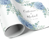 Papier Cadeau Mariage personnalisé Fleur d'Hydrangea Bleue (Coin rond)