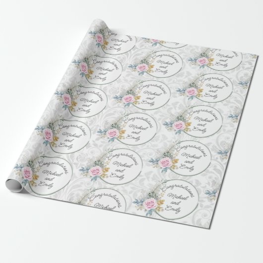 Papier Cadeau Mariage Personnaliser Aquarelle Rose Roses Damas (Déroulé)