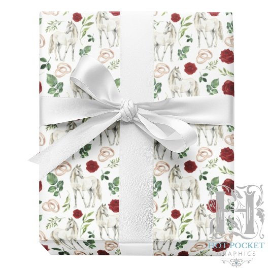 Papier Cadeau Mariage rustique floral rouge équin