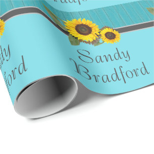 Papier Cadeau Mariage Rustique Tournesol Sarcelle Bois Gris Rayu