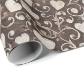 Papier Cadeau Mariage Thème Coeurs Crème Marron (Coin rond)