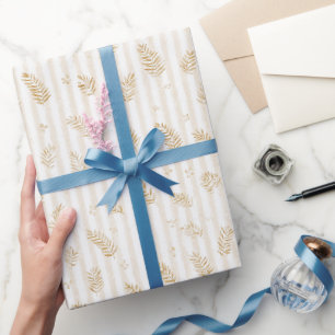 Papier Cadeau Mariage Thème Feuilles et Rayures Crème