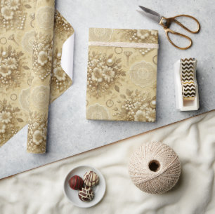 Papier Cadeau Mariage traditionnel floral perles et dentelle