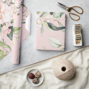 Papier Cadeau Mariage vert Eucalyptus rose