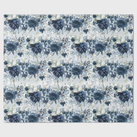 Papier Cadeau Marine Bleu Blancs en cascade Peonies Mariage Enve (Plat)
