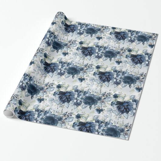 Papier Cadeau Marine Bleu Blancs en cascade Peonies Mariage Enve (Déroulé)