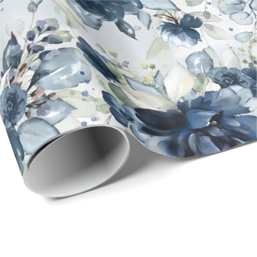 Papier Cadeau Marine Bleu Blancs en cascade Peonies Mariage Enve (Coin rond)