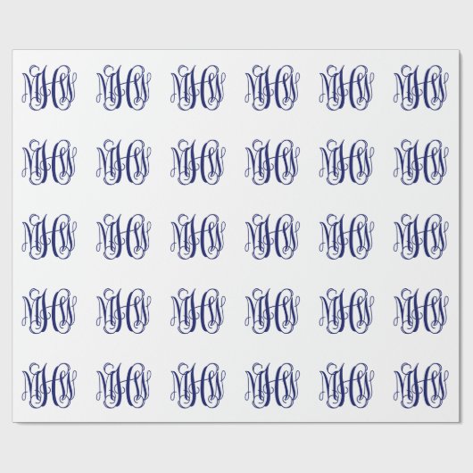 Papier Cadeau Marine Blue 3 Initiales Vine Script Monogramme do- (Plat)