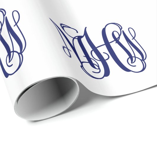 Papier Cadeau Marine Blue 3 Initiales Vine Script Monogramme do- (Coin rond)