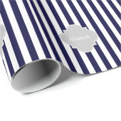 Papier Cadeau Marine Blue White Stripe (Coin rond)