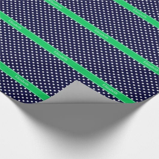 Papier Cadeau Marine Blue Wt Polka Dot Emerald Nom vert Monogram (Coin)