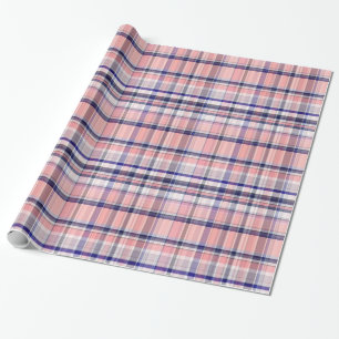 Papier Cadeau Marine Rose Bleu Blanc Preppy Madras Plaid